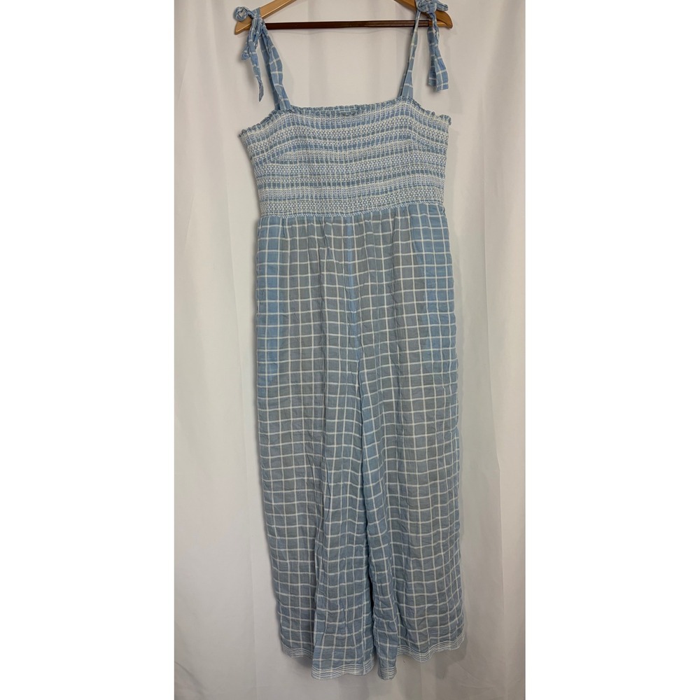Anthropologie Smocked Cottagecore Soft girl Teacher Wide Leg Jumpsuit XL Blue